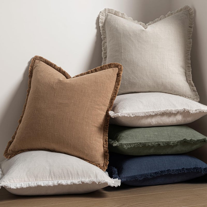 MIULEE Decorative Throw Pillow Covers Neutral Linen Fringe Throw Pillows Euro Shams Set of 2 Natural Beige Boho Farmhouse Cushion Covers for Couch Sofa Bed Living Room Spring Home Decor 22x22 Inch - Image 5